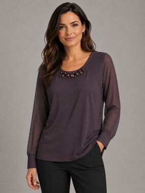 🚨 Panitti Embellished Scoop Neck Long-Sleeve Top - Deep Plum - NWT